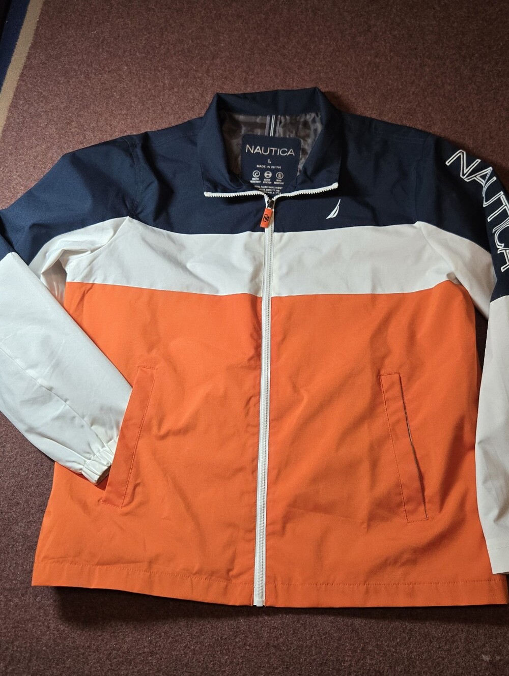 Nautica Water Resistant Colorblock Logo Parka In Orange Blue White Size Large